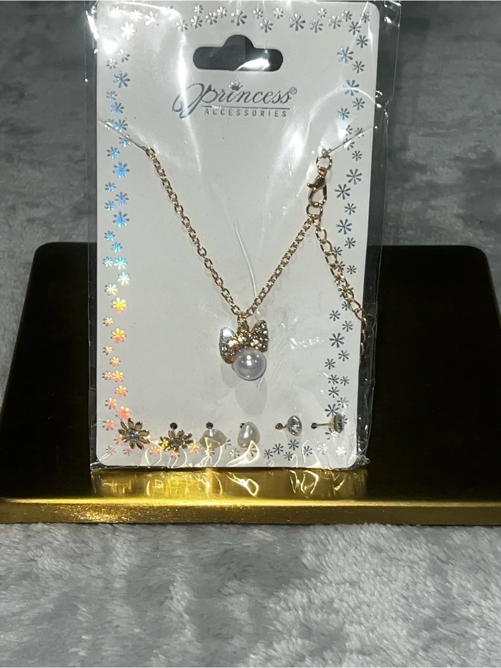 Princess Accessories Rose Gold Bow Necklace with Pearl Accent for Kids